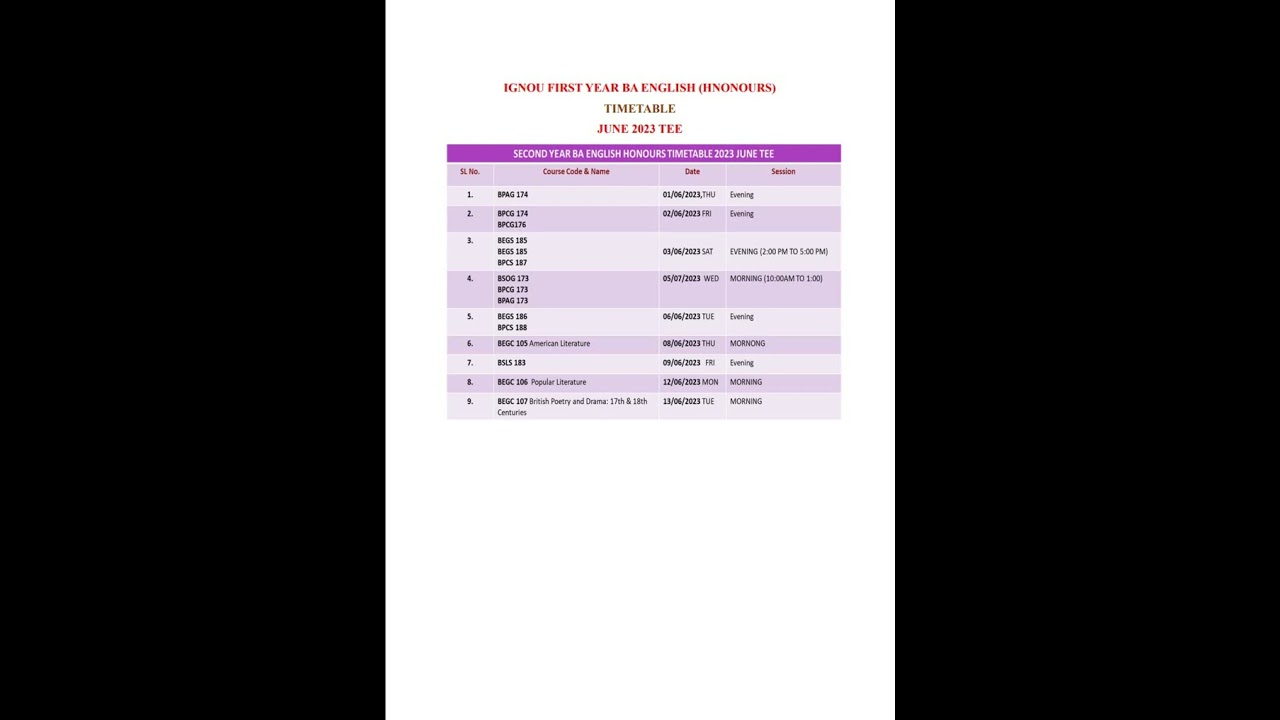 BAEGH Time Table June 2023 Term-End Examination| IGNOU BA English Exam Date Sheet| IGNOU DATE SHEET|
