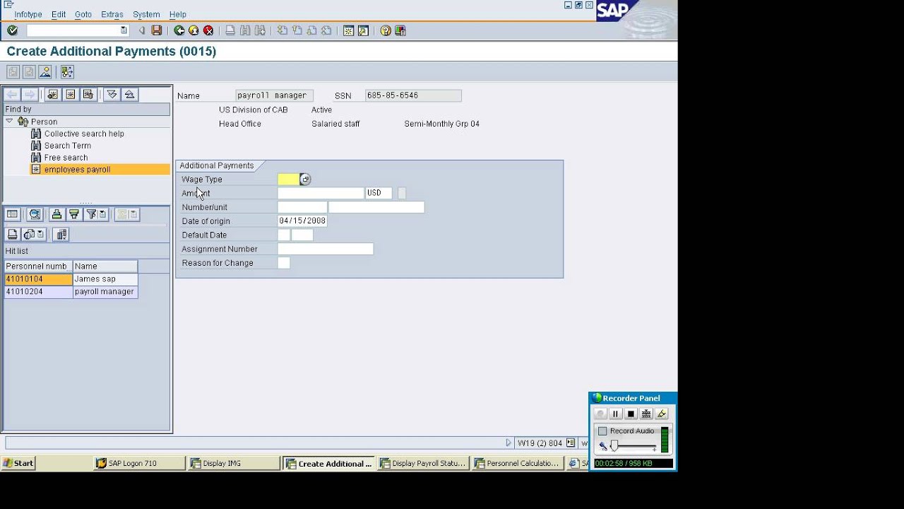 SAP Payroll under Deductions Arrears and Priorities exercise