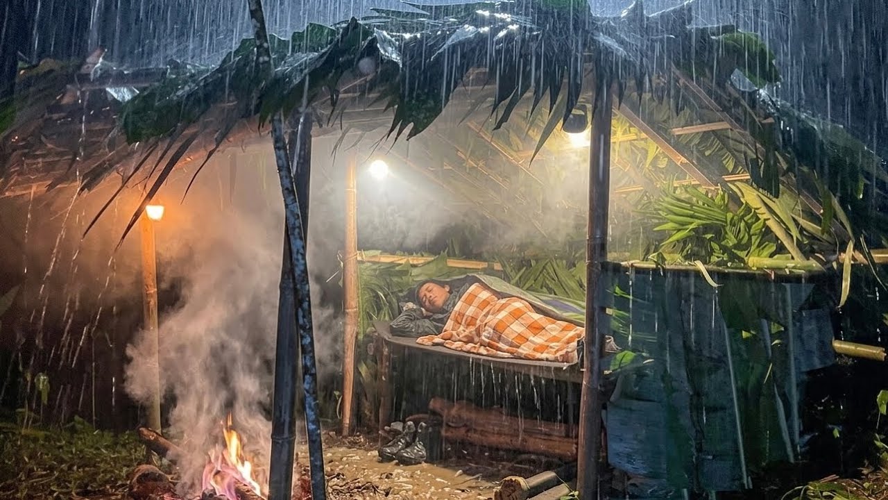 Building Hut in Heavy Rain with Granpa || Bushcraft in Heavy Rain