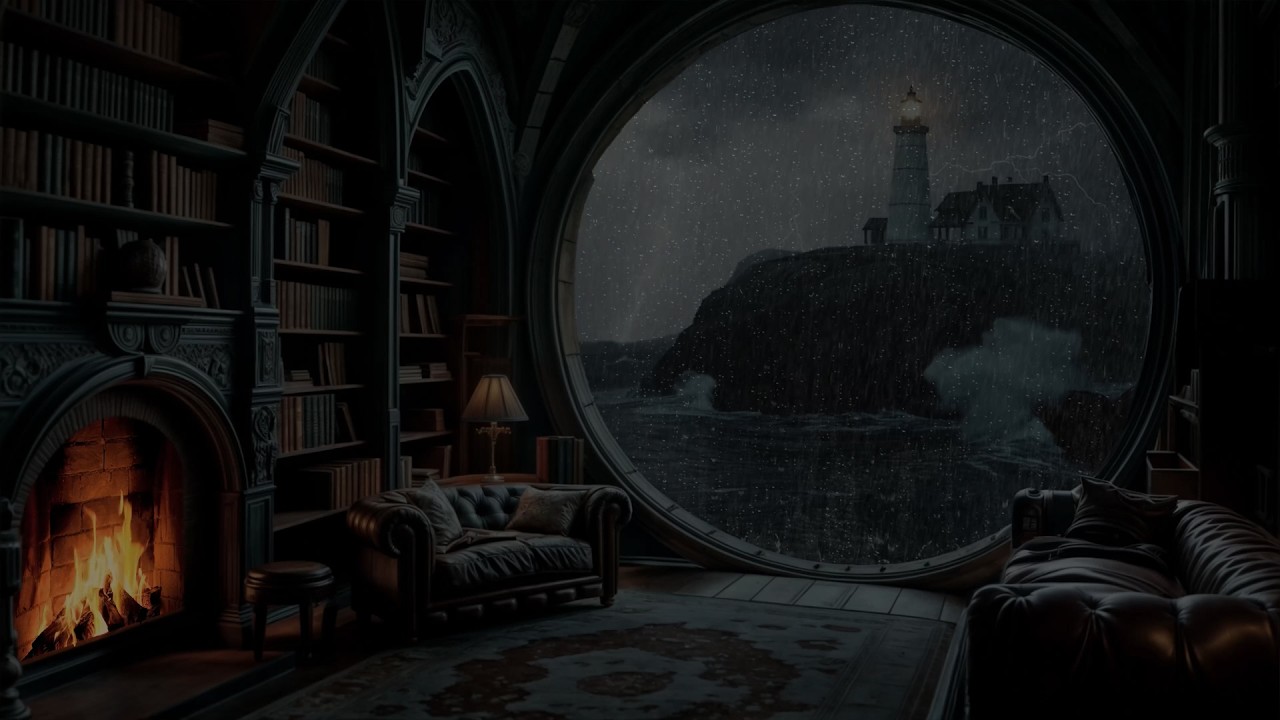 (No Ads) Thunderstorm by the Seaside Window 🌧️Cozy Crackling Fireplace for Deep Sleep, Study & Relax