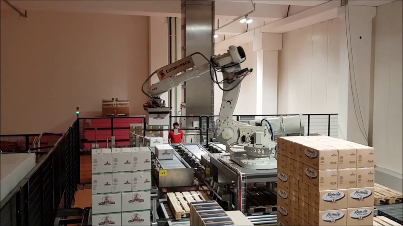 00431 LINEA DI PALETTIZZAZIONE E AVVOLGIMENTO CARTONI PROVENIENTI DA 5 LINEE CON DISCENSORE