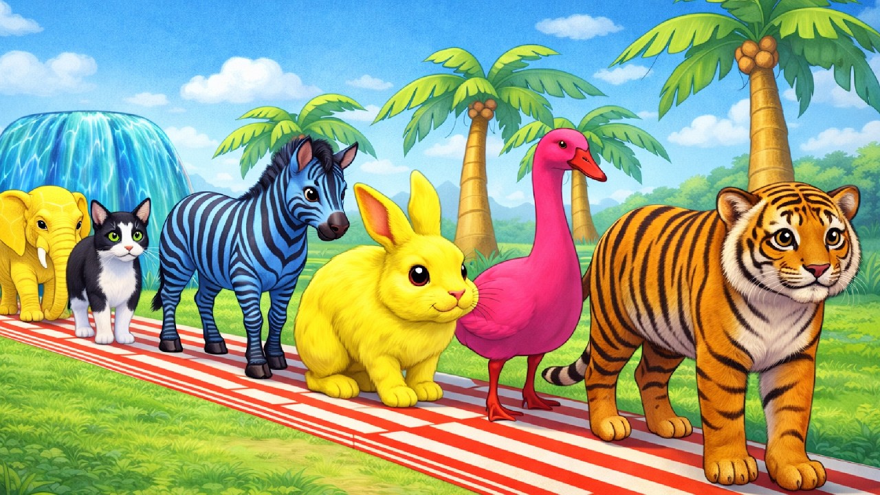 Long Slide Game With Cow Elephant Gorilla Hippopotamus Tiger - 3d Animal Game - Funny 3d Animals