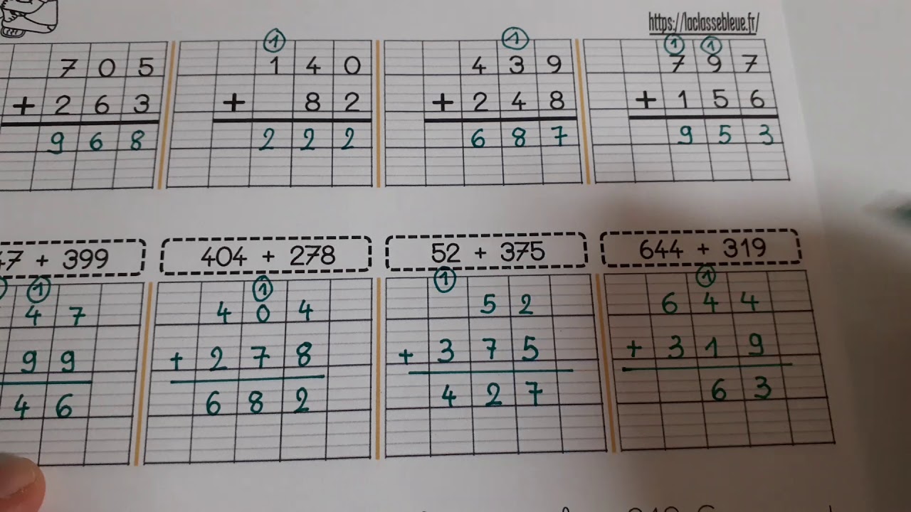 CE1 Additions posées de nombres de 3 chiffres avec ou sans retenue