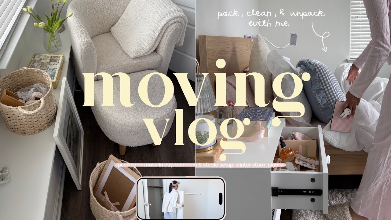 moving vlog 📦🩰 &mdash; packing to move in day, bedroom & studio setup, winter storm nights, clean with me