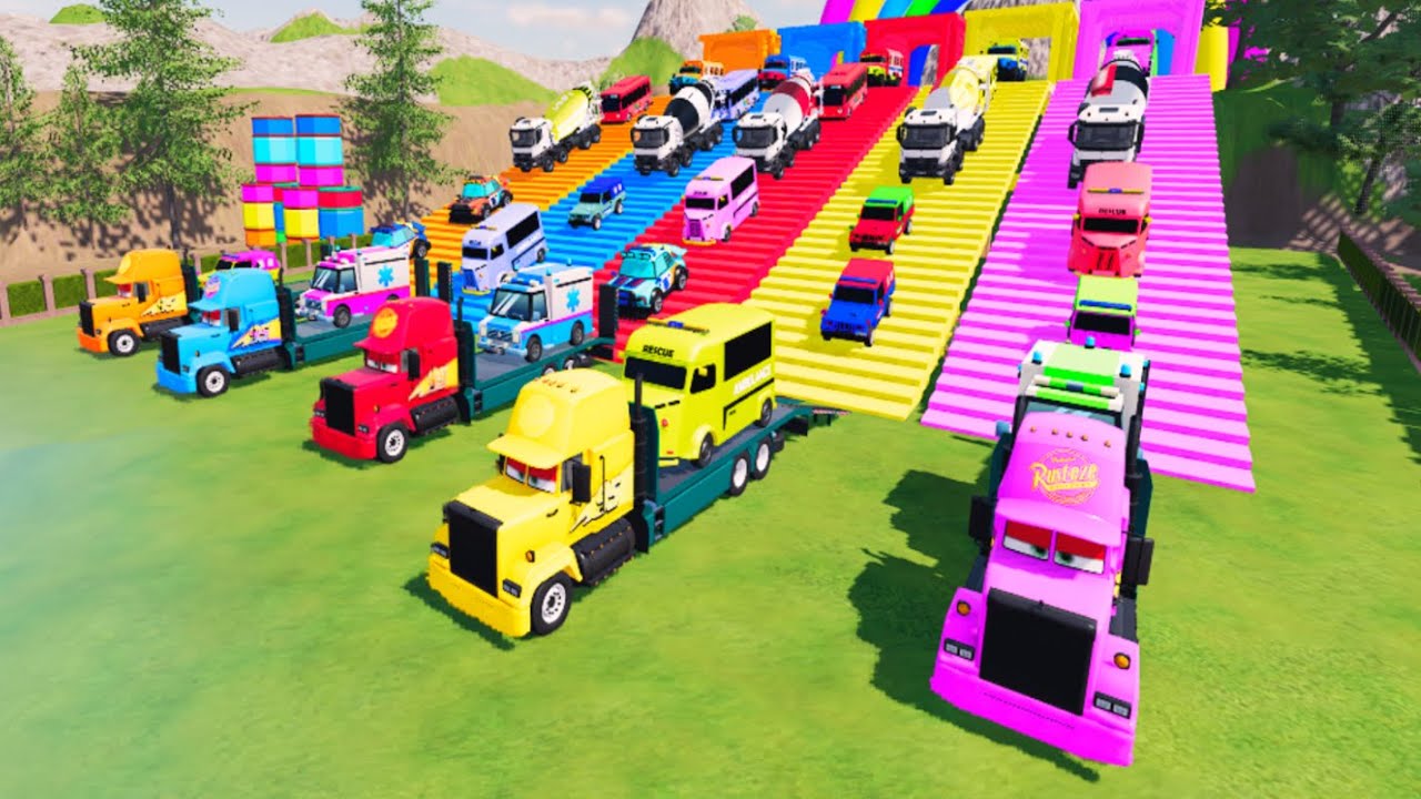 TRANSPORTING ALL COLORS | TRUCK, AMBULANCE, BUS TAYO, POLICE CARS, CONCRETE MIXER | FS22