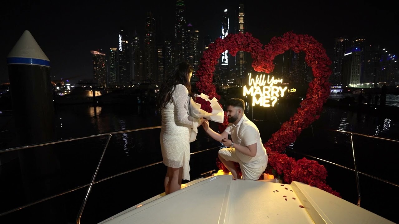 Private Luxury Yacht Proposal at Dubai Harbour 💍 Red Theme & Skyline Views ✨