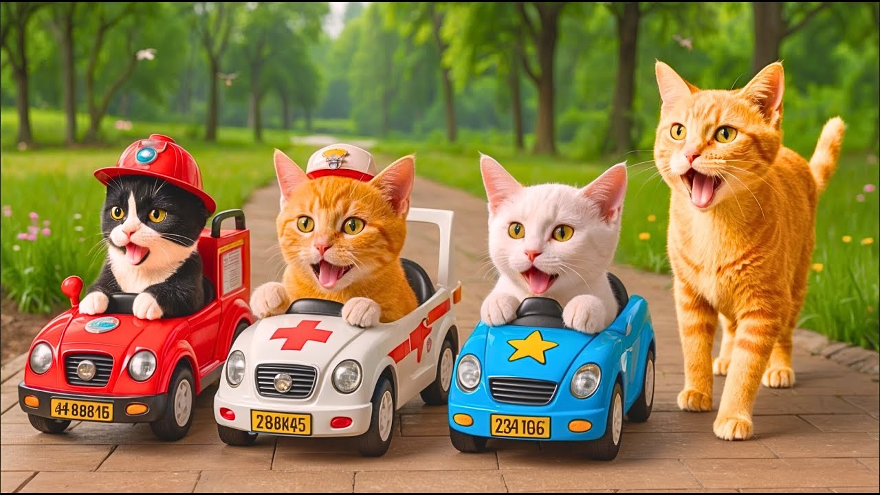 Mama Cat Leads the Rescue Team Kittens Drive Fire, Ambulance & Police Cars!