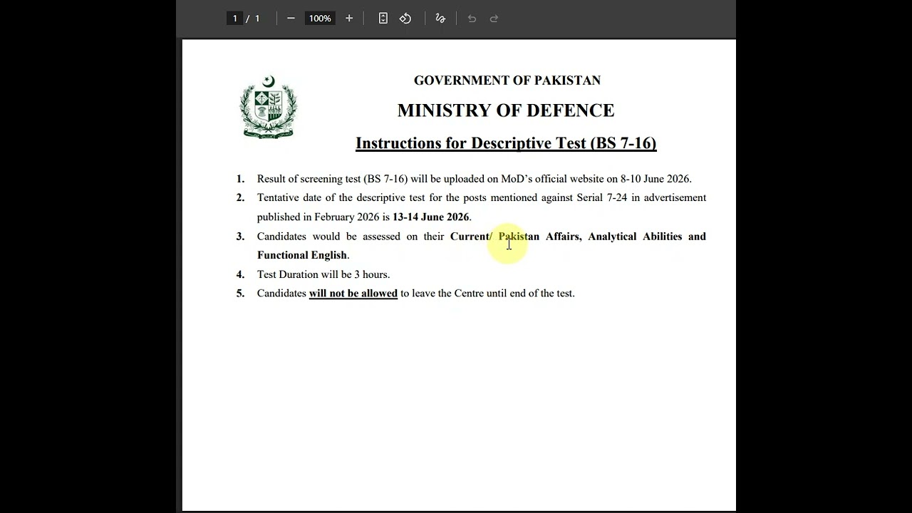 Ministry of Defence Result Update 2026 | Descriptive Test | MOD Notification