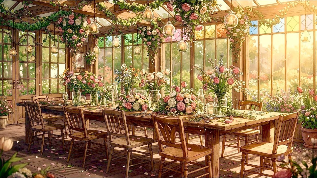 Spring Flower Workshop Ambience Cozy Greenhouse Café 1 Hour Relaxing Instrumental Background