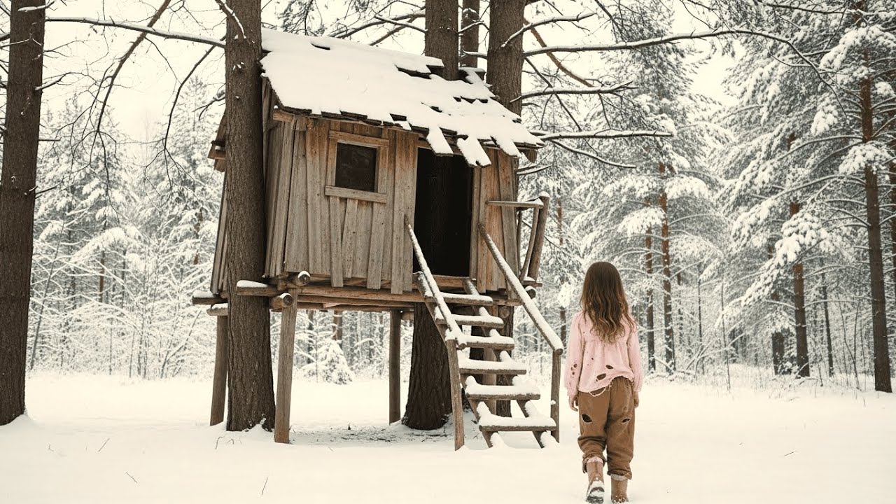 A menina órfã fugiu durante a neve e se abrigou na casa de árvore abandonada — e se chocou ao entrar