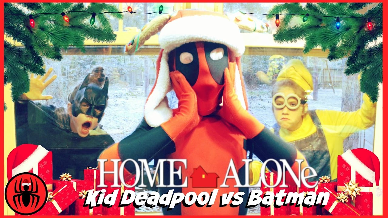 Kid Deadpool vs Batman Burglar Home Alone Opening Christmas Presents real life movie SuperHero Kids