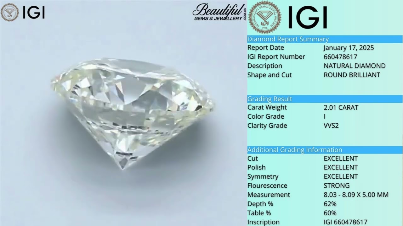 2ct (I VVS2) Round Brilliant Natural Diamond IGI Certified Excellent Cut
