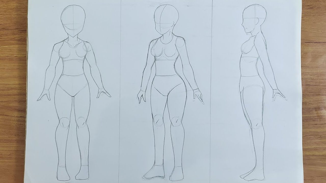 Научитесь рисовать женское тело в стиле аниме с трех ракурсов шаг за шагом.