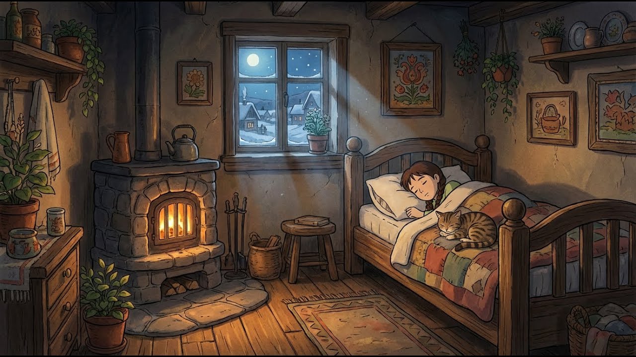 🎧 Lo-Fi Sleep Music 🌨️ Warm Countryside Home | Snow Outside, Fireplace Glow & Peaceful Night