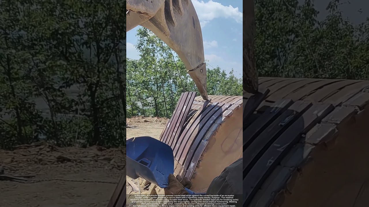Hydraulic Breaker Presses Steel Strips on Excavator Bucket