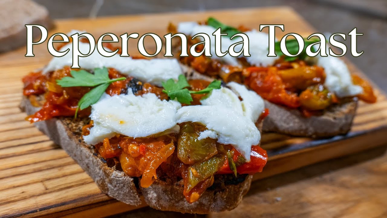 Peperonata Toast | Toasted Bread with Roasted Peppers, Tomatoes & Mozzarella