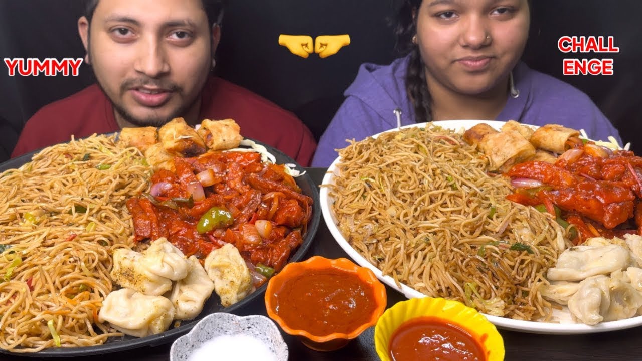 Eating Chilli Garlic Noodles, Chilli Potato, Spring Roll, Paneer Momos I Food challenge I foodie gd