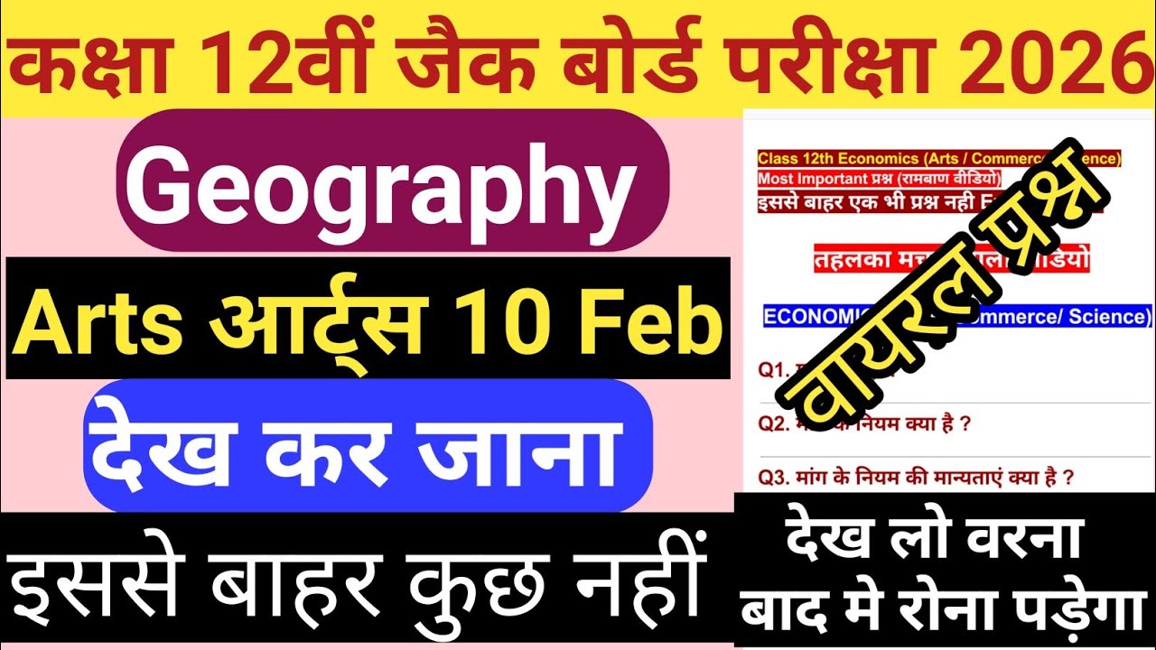 JAC Board Class 12 Geography Subjective प्रश्न  2026 Exam 10 Feb || Class 12 Most VVI भूगोल 10 Feb