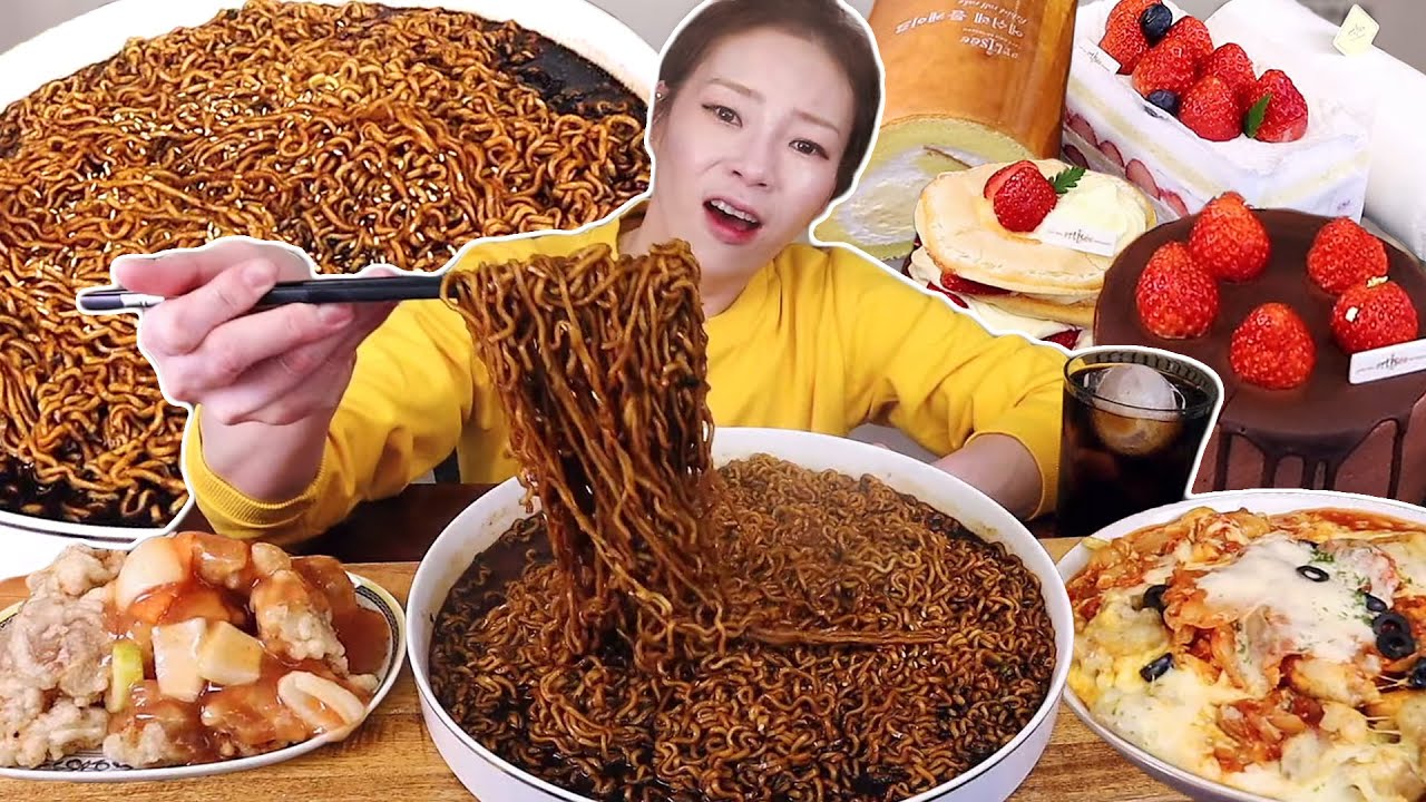 로스팅짜장면 4개&찹쌀탕수육&김피탕! 후식은 아티제 베이커리 케이크들🍰💗240305/Mukbang, eating show