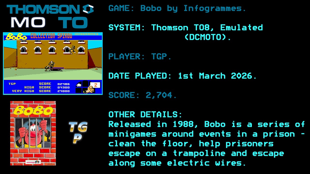 Bobo - Infogrames - Thomson TO8 - Emulated (DCMOTO) - 2,704 points.