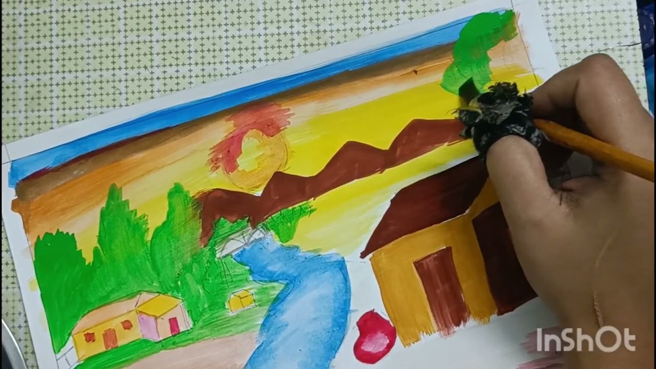 How to draw and paint village scenery | Poster colour Painting | #sunset #art #village #scenery 