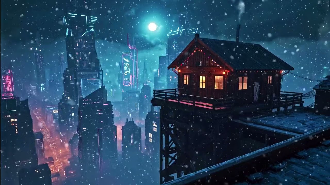 Cyberpunk City Snowy Night: Snow and Ambient Music for Sleep, Study & Relaxing | 4K | 3 Hours