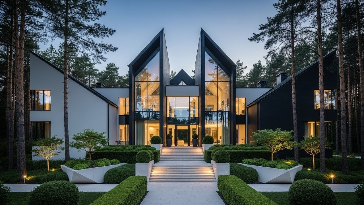 Luxury Modern Mansion | Striking Symmetry, Glass Architecture & Forest Setting 🌲