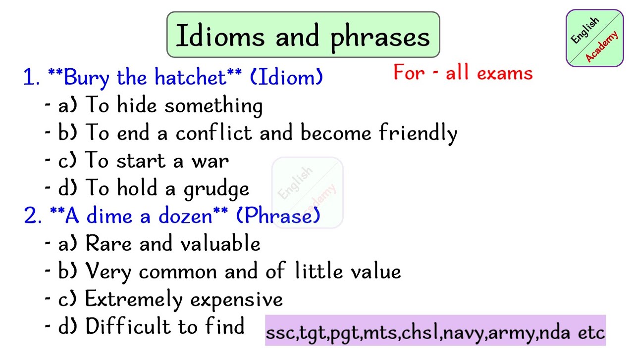 Idioms and Phrases 2- ,for all competitive exams English academy by Deepak KR #SSC #MTS #Navy army