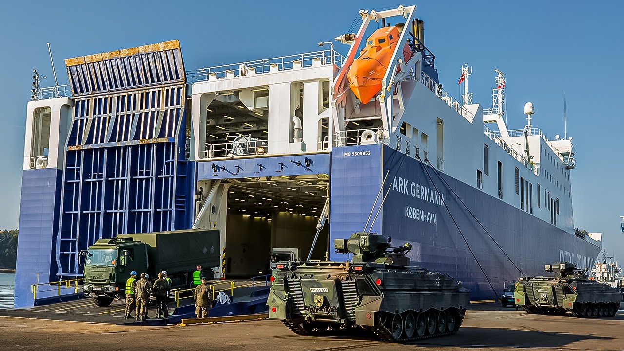 Gigantic RoRo Ship "ARK Germania" Unloading Military Vehicles and Tanks - NATO