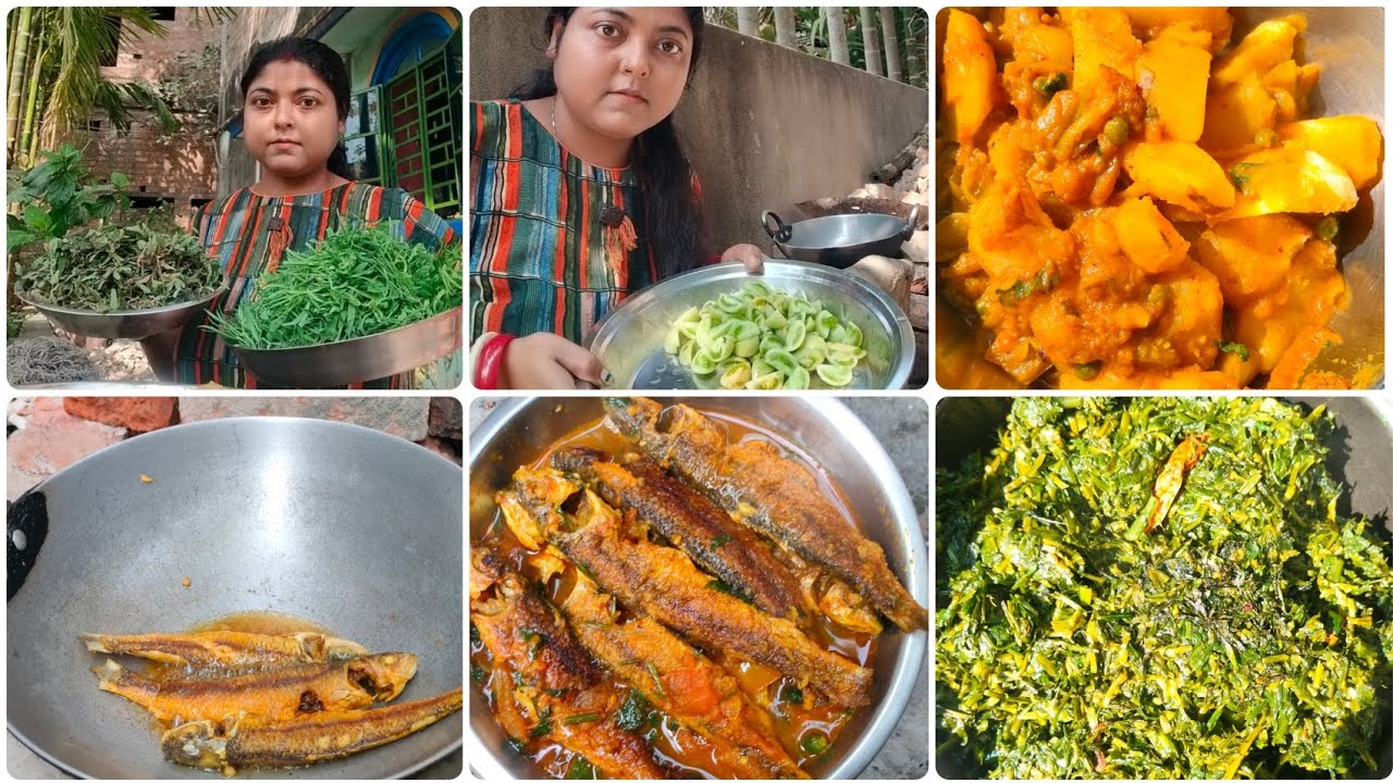 Bengali village type lunch small fish curry tomato potato sabji & sak fry 🎏 🌿👌