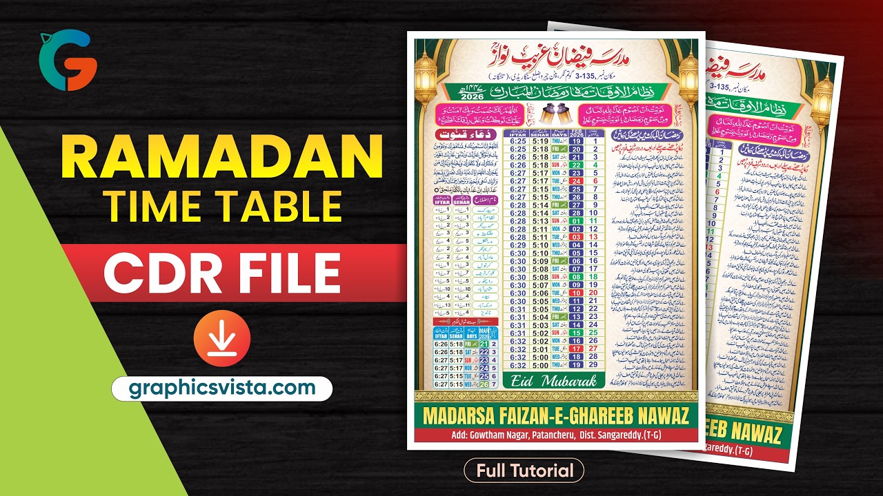 2026 Ramadan Time Table Calendar Design CDR Tutorial & File | Graphics Vista #ramadan #design
