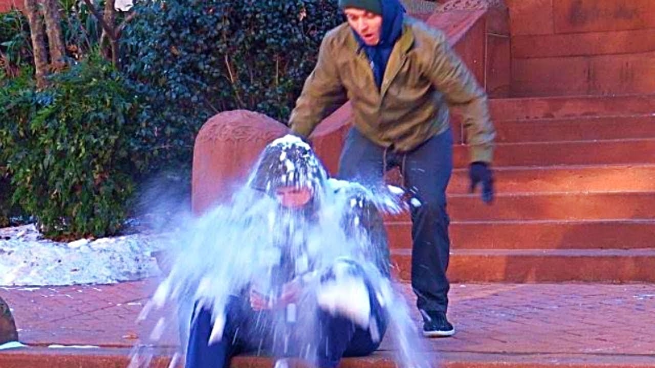 Throwing Snowballs at People Prank Part 2
