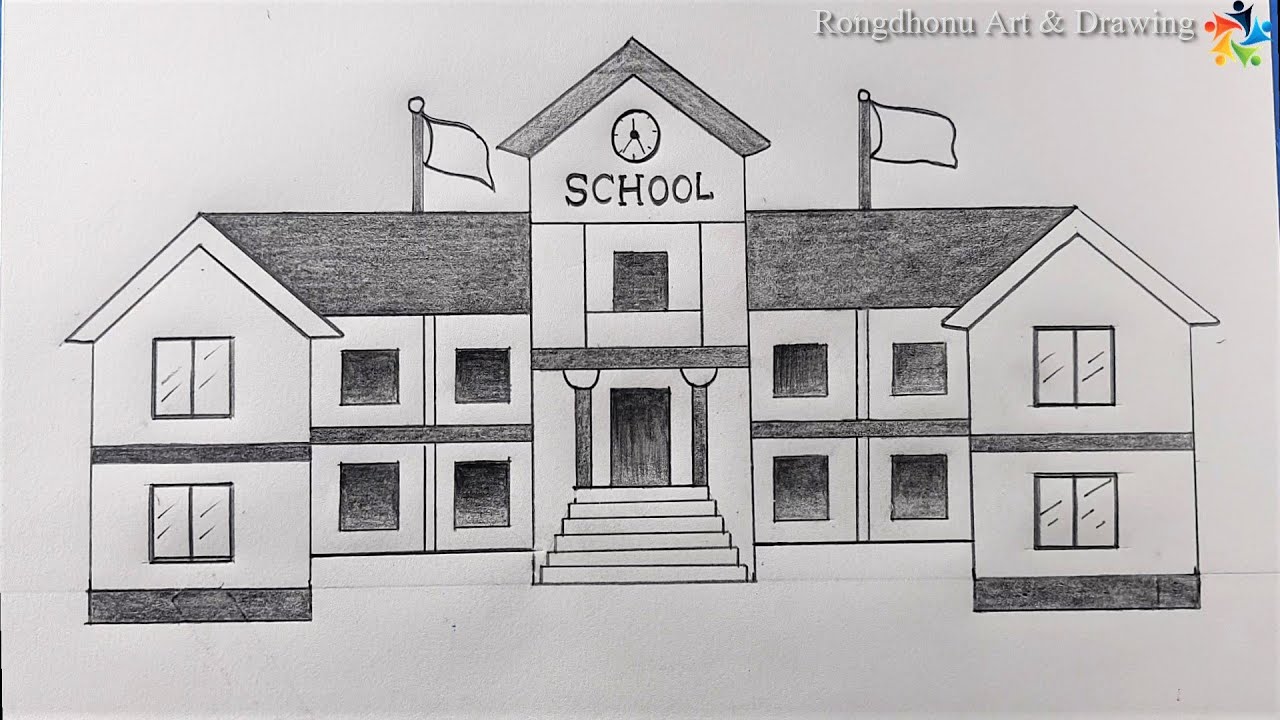 How to draw a School Scenery 💛 My School ka Chitra 😍 School Project work 😍 Art Competiton