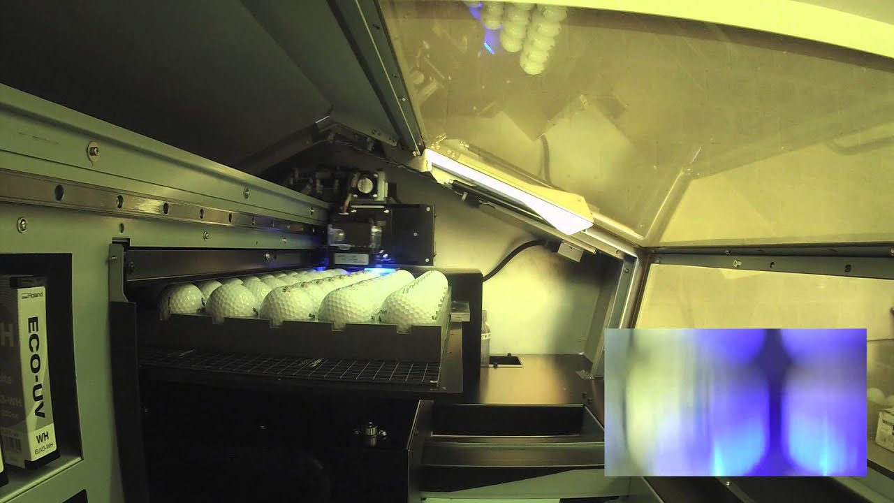Custom printed golf balls on a Roland LEF-20 UV printer