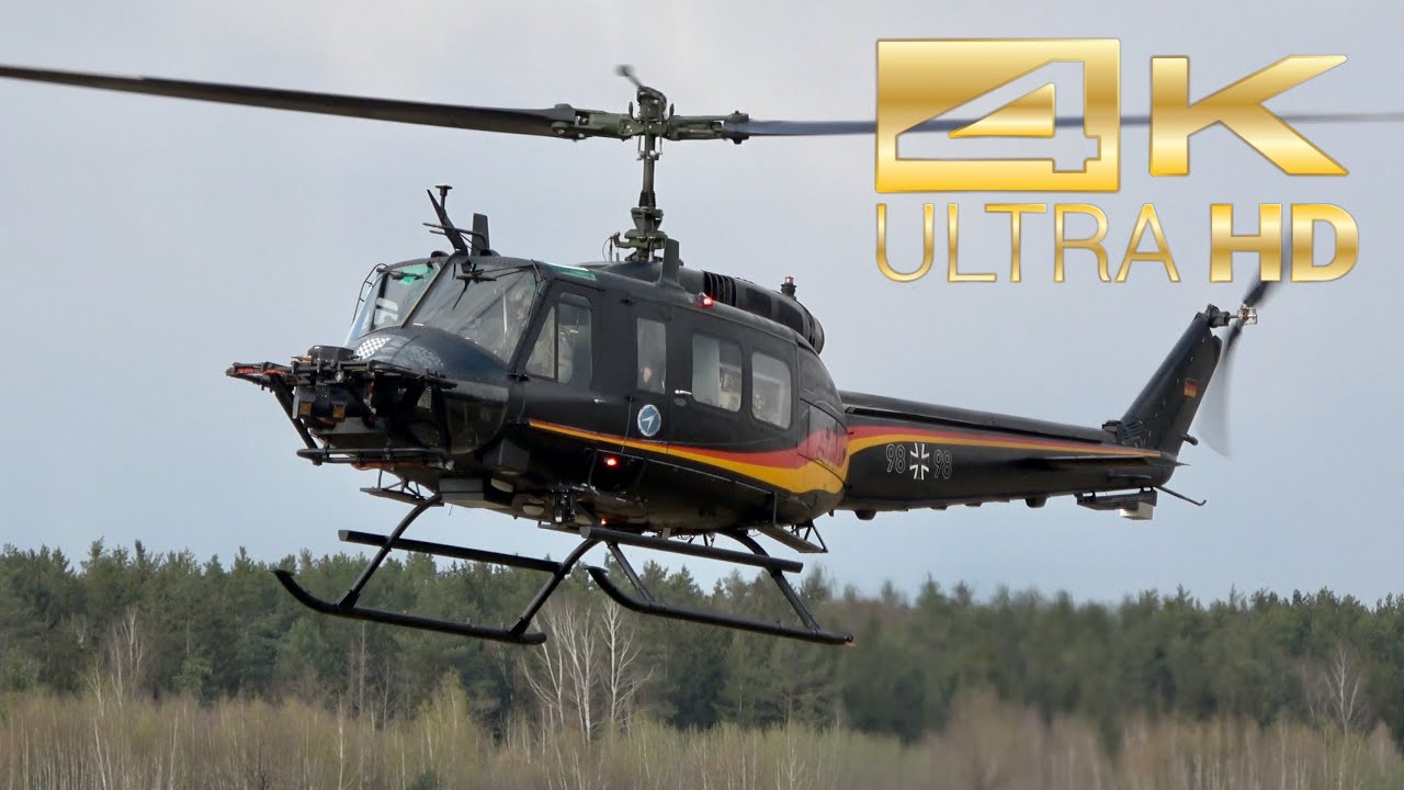(4K) Bell UH-1D Huey MAT 98+98 Luftwaffe German Air Force Takeoff flypast landing Manching Airbase