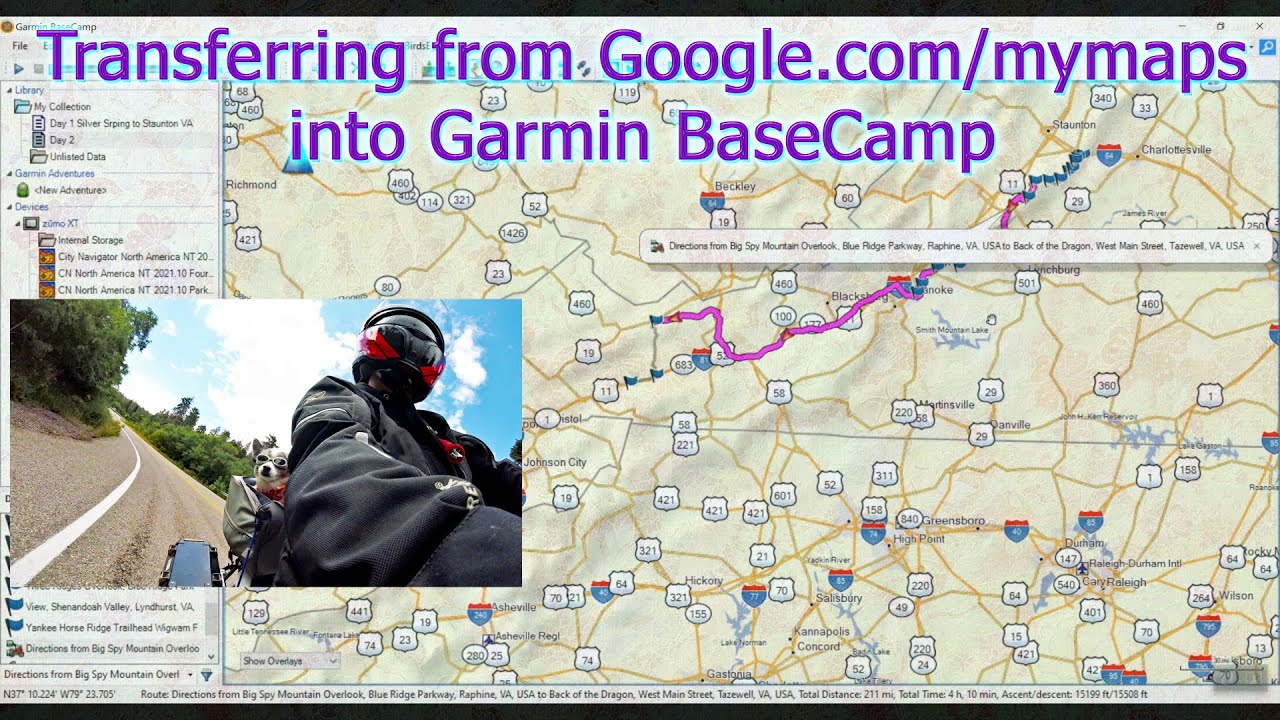 Garmin BaseCamp 101: Transferring route from Google.com/mymaps, to Garmin BaseCamp, then into Device