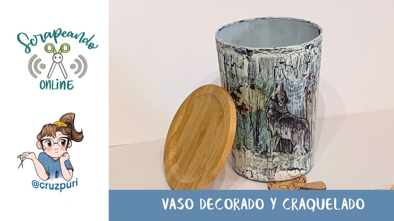 VASO DE CRISTAL DECORADO CON DECOUPAGE Y CRAQUELADO