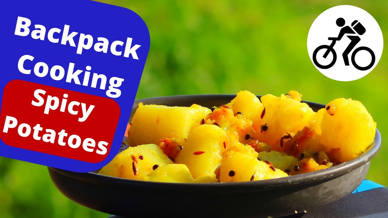 Outdoor cooking on bicycle touring.Easy potato recipe. Food on trail for backpacking meals/camping.