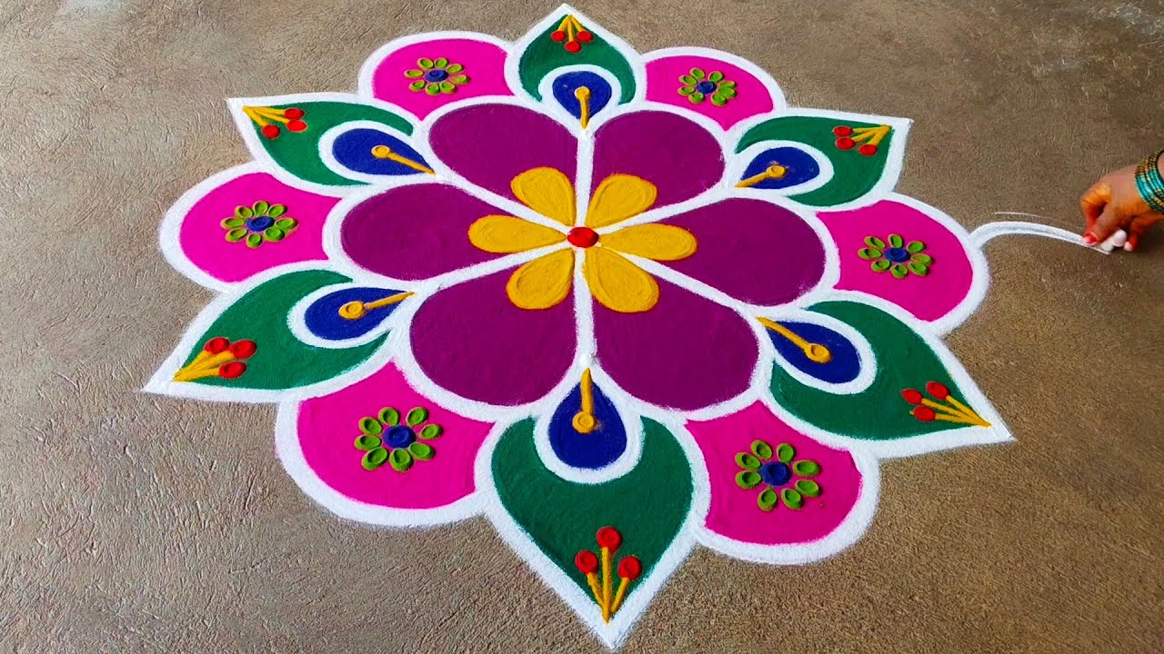 3 dot colourful flower rangoli beautiful design #rangoli #kolam #kolamarts #muggulu #rangolidesign