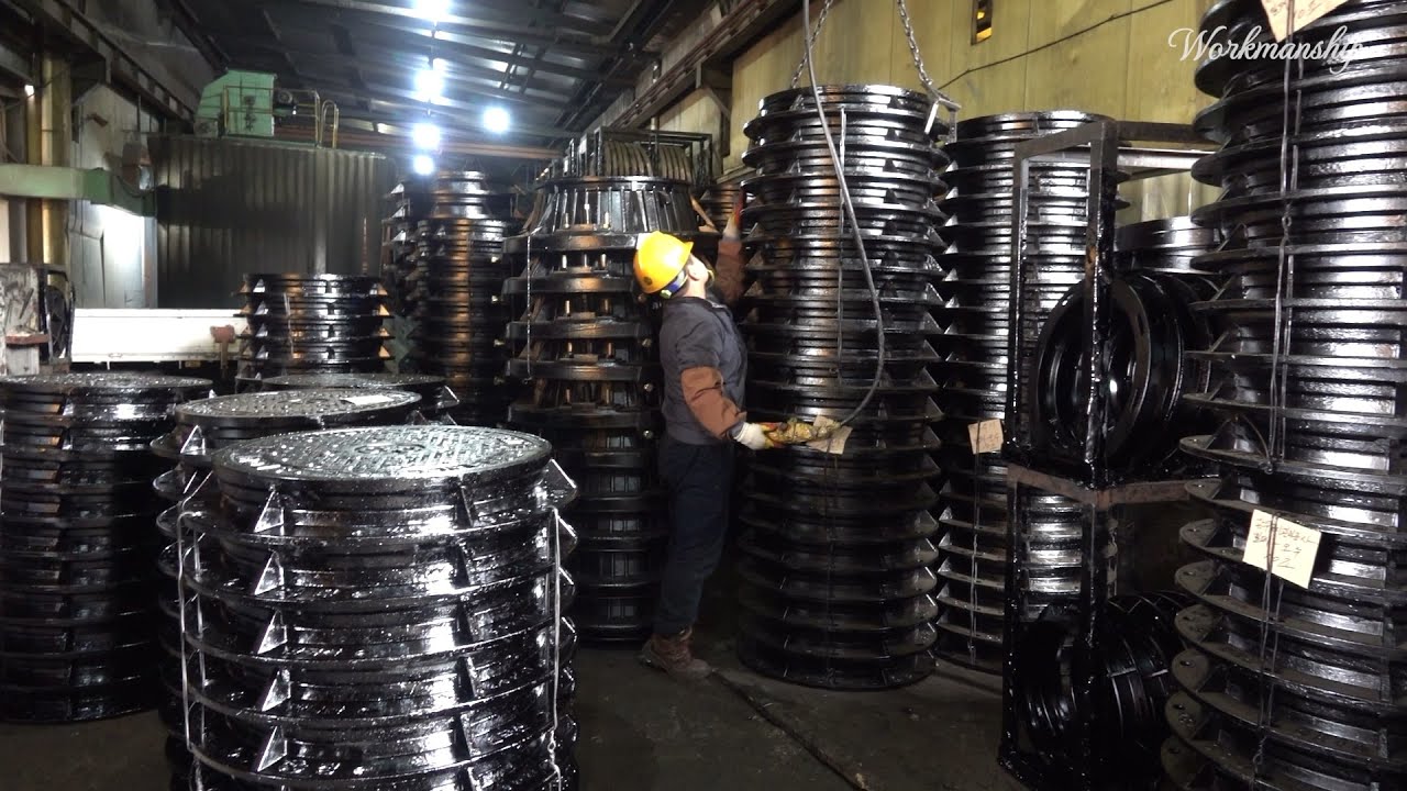 Manhole Cover Mass Production Process. Cast Iron Factory in Korea