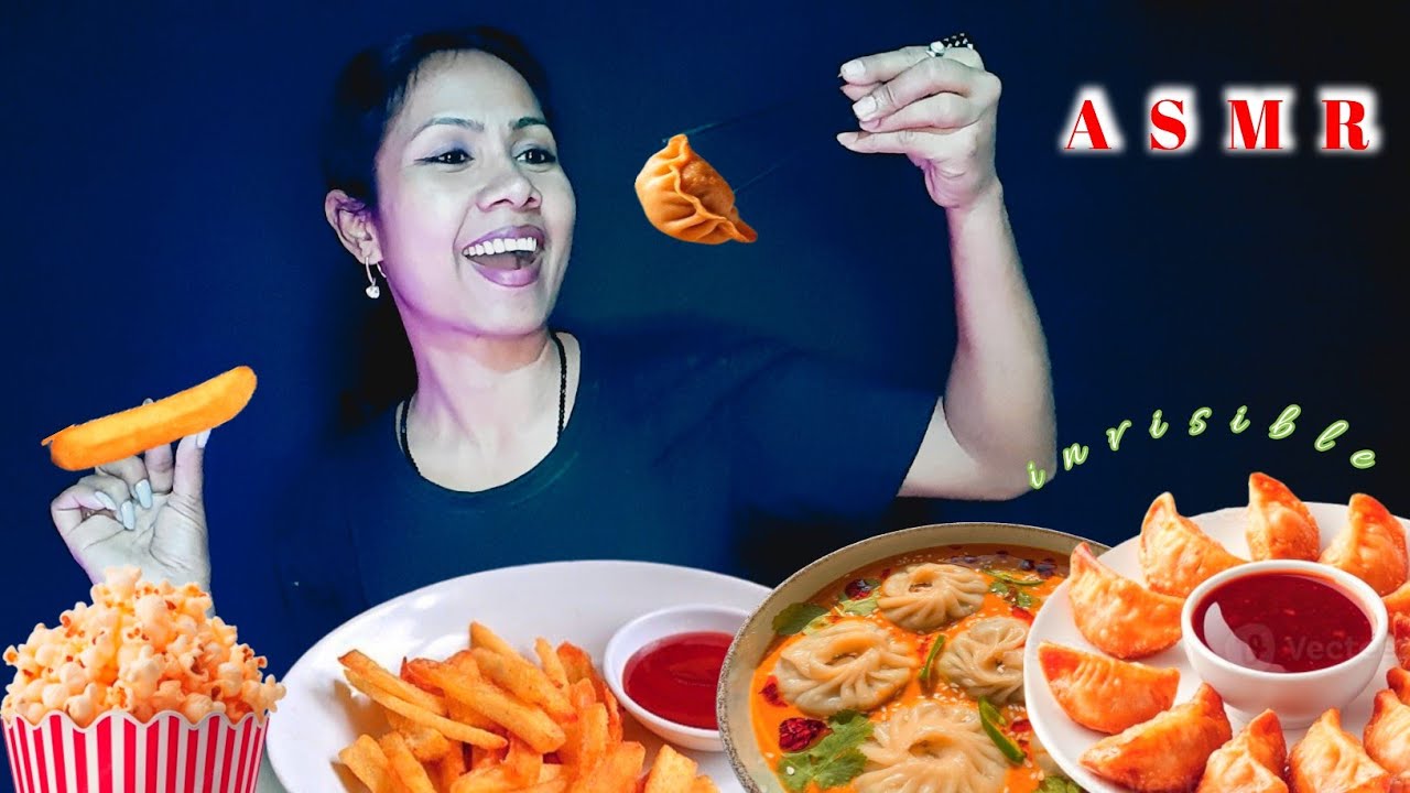 ASMR Hindi | asmr eating fried dumplings ~soup momo ~french fries~popcorn~asmr mouth sounds