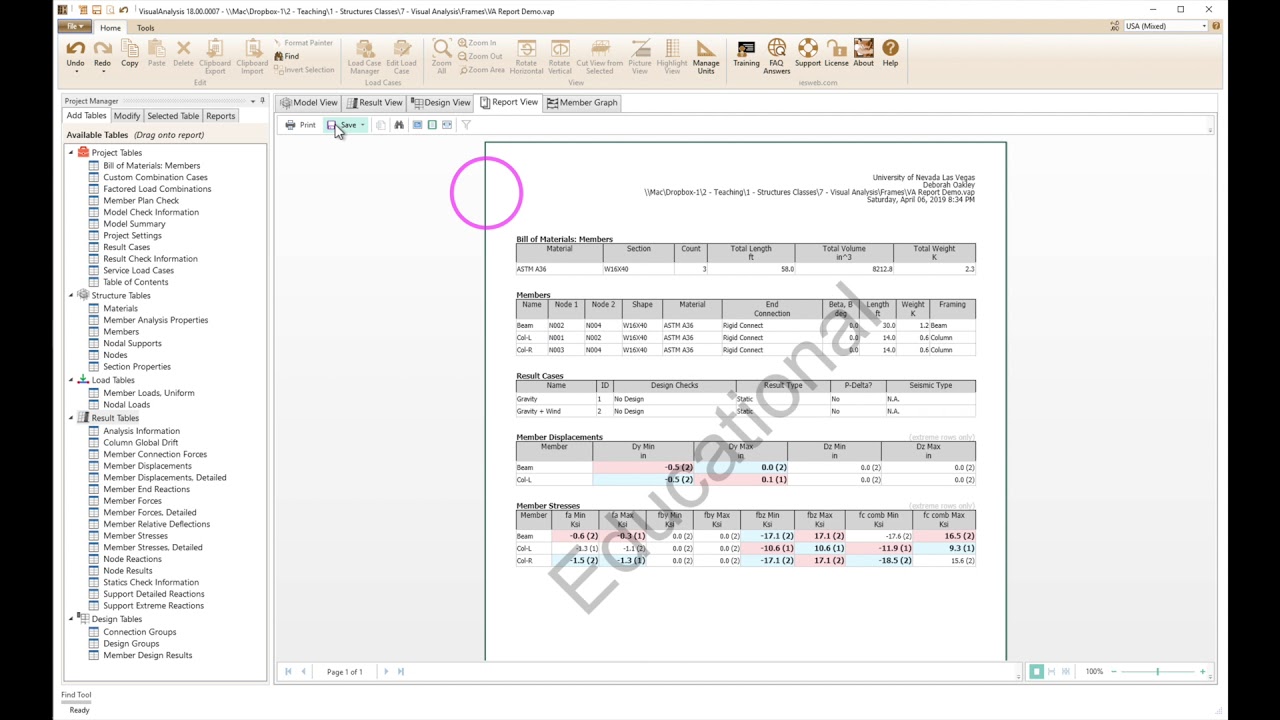 Setting Up an IES Visual Analysis Report Table