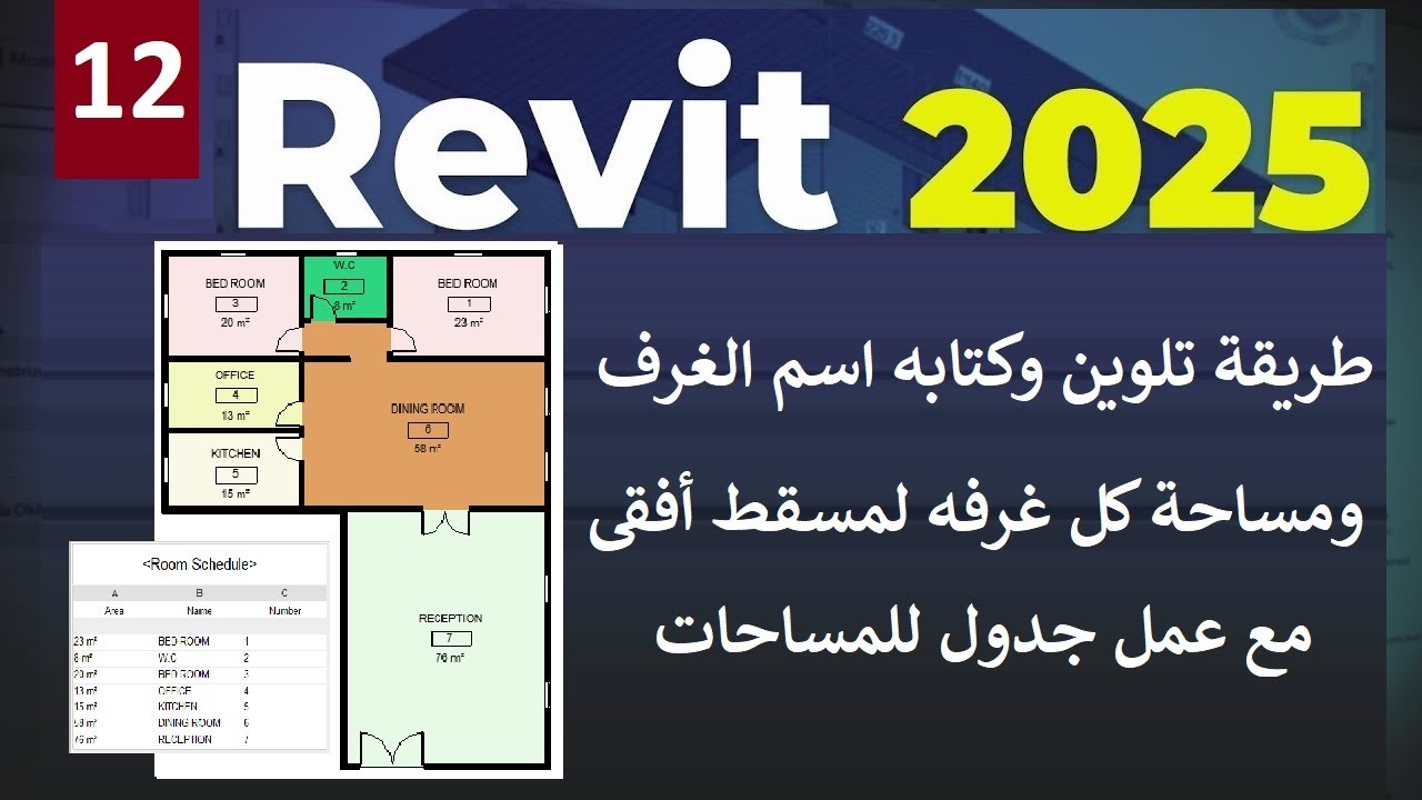 12-للمبتدئين طريقة تلوين وترقيم الغرف لمسقط أفقي وكتابه اسم ومساحه كل غرفة وجدول للمساحات  REVIT2025
