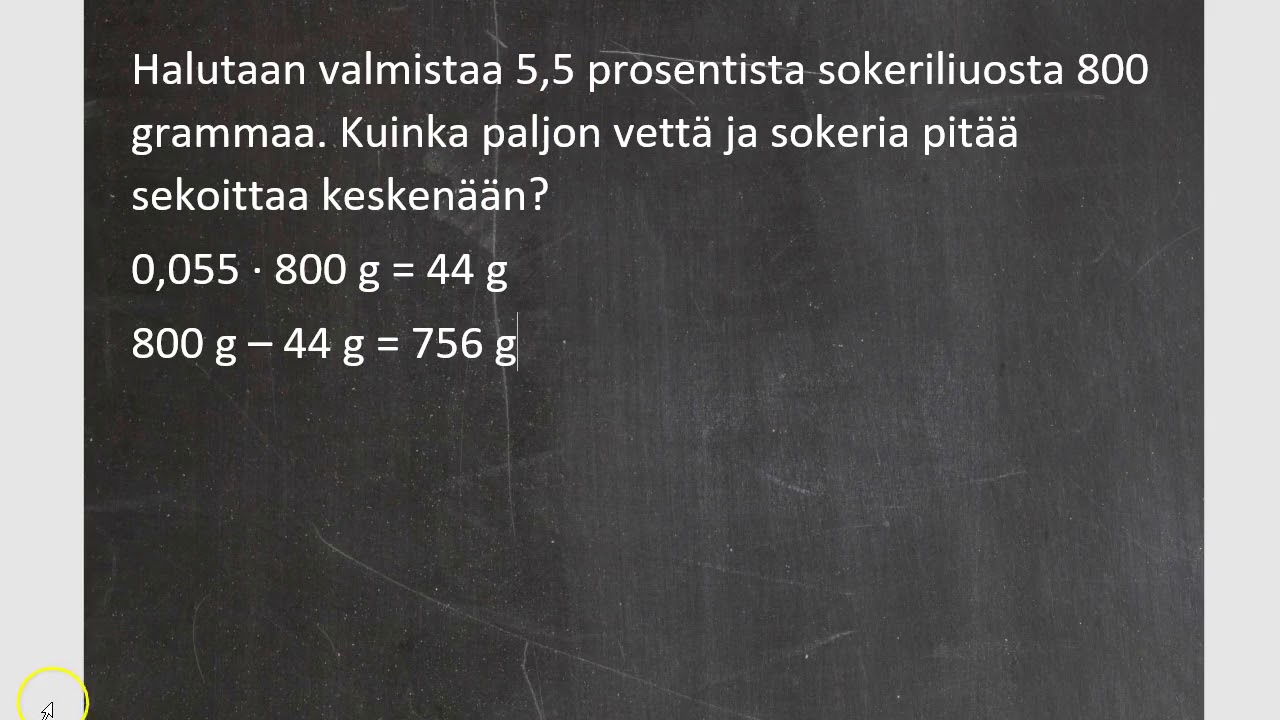 Kurssi 4: Prosenttilaskentaa ja tilastoja, osa6: Seos- ja liuoslaskut