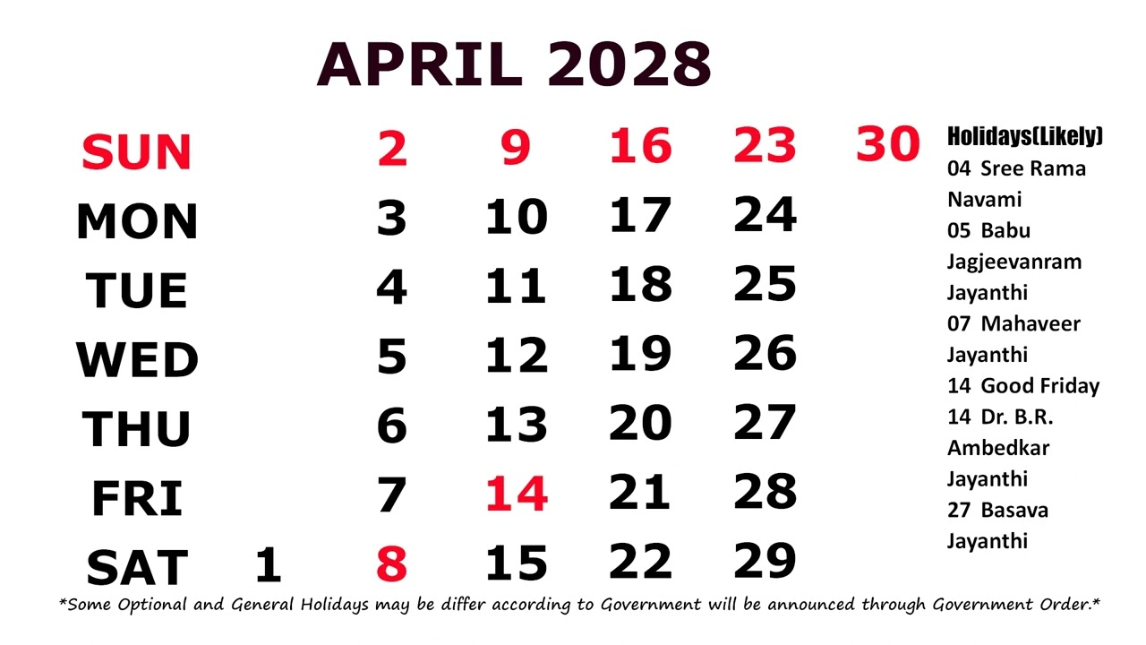 Апрельский календарь 2028 года