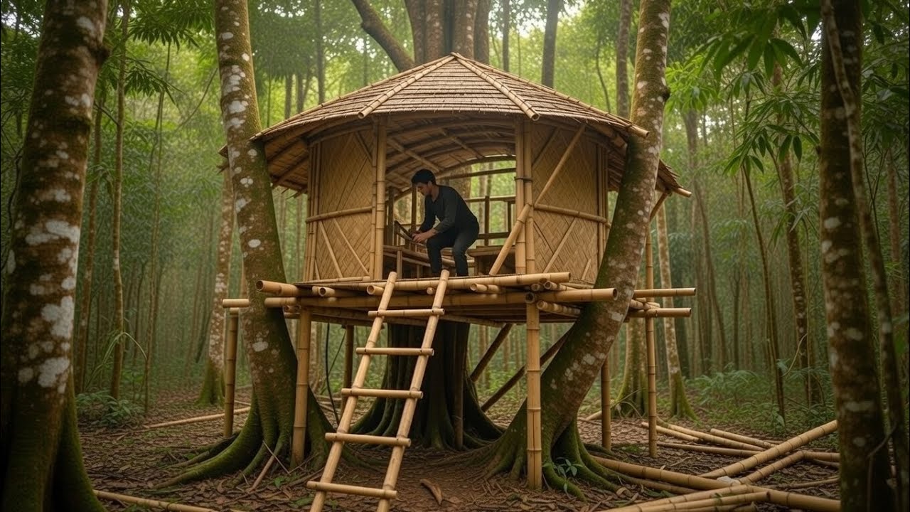Building a Bamboo Treehouse on a Giant Tree | Deep Forest Survival Challenge