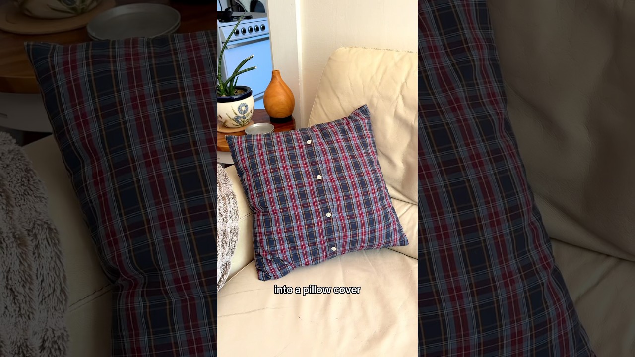 Upcycle a button down shirt into a pillow cover! 🪡#sewing #sewingtips #sewingtutorial #sewinghacks