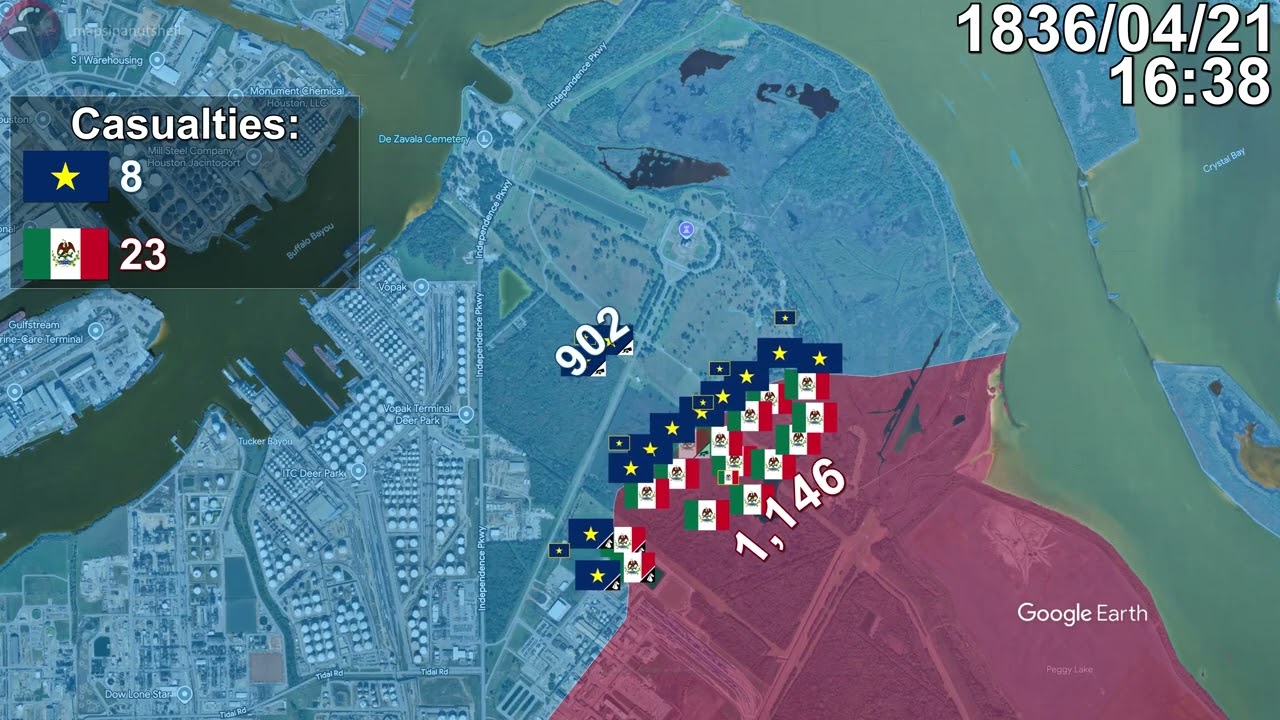 Battle of San Jacinto Every Minute using Google Earth
