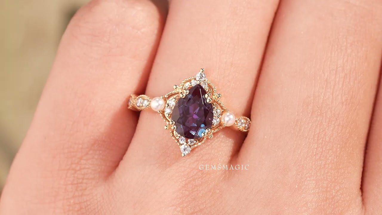 Pear Cut Alexandrite Milgrain Vintage Engagement Ring