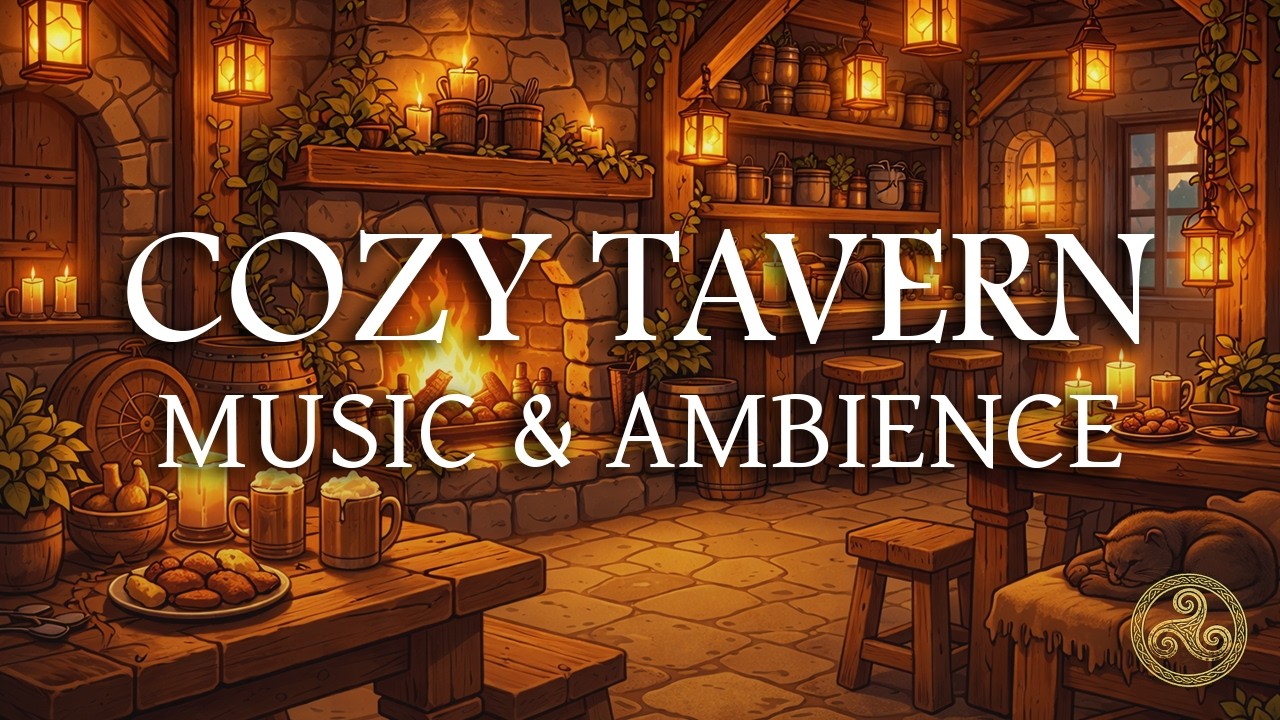 Cozy Fantasy Tavern | Fireplace Crackling & Tavern Sounds